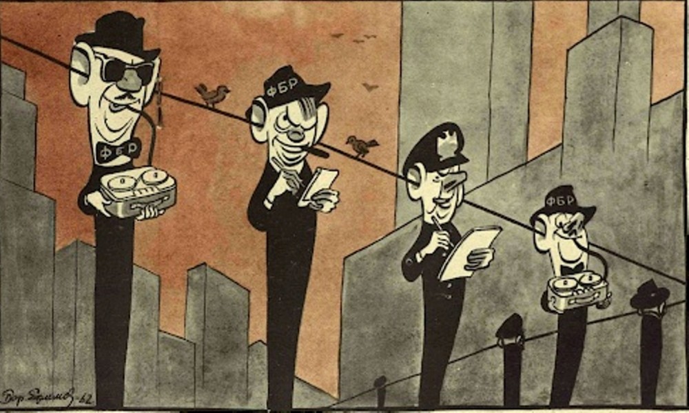 Soviet political cartoon: caricatured FBI agents perched on telephone wires above a city, listening through headphones and taking notes.